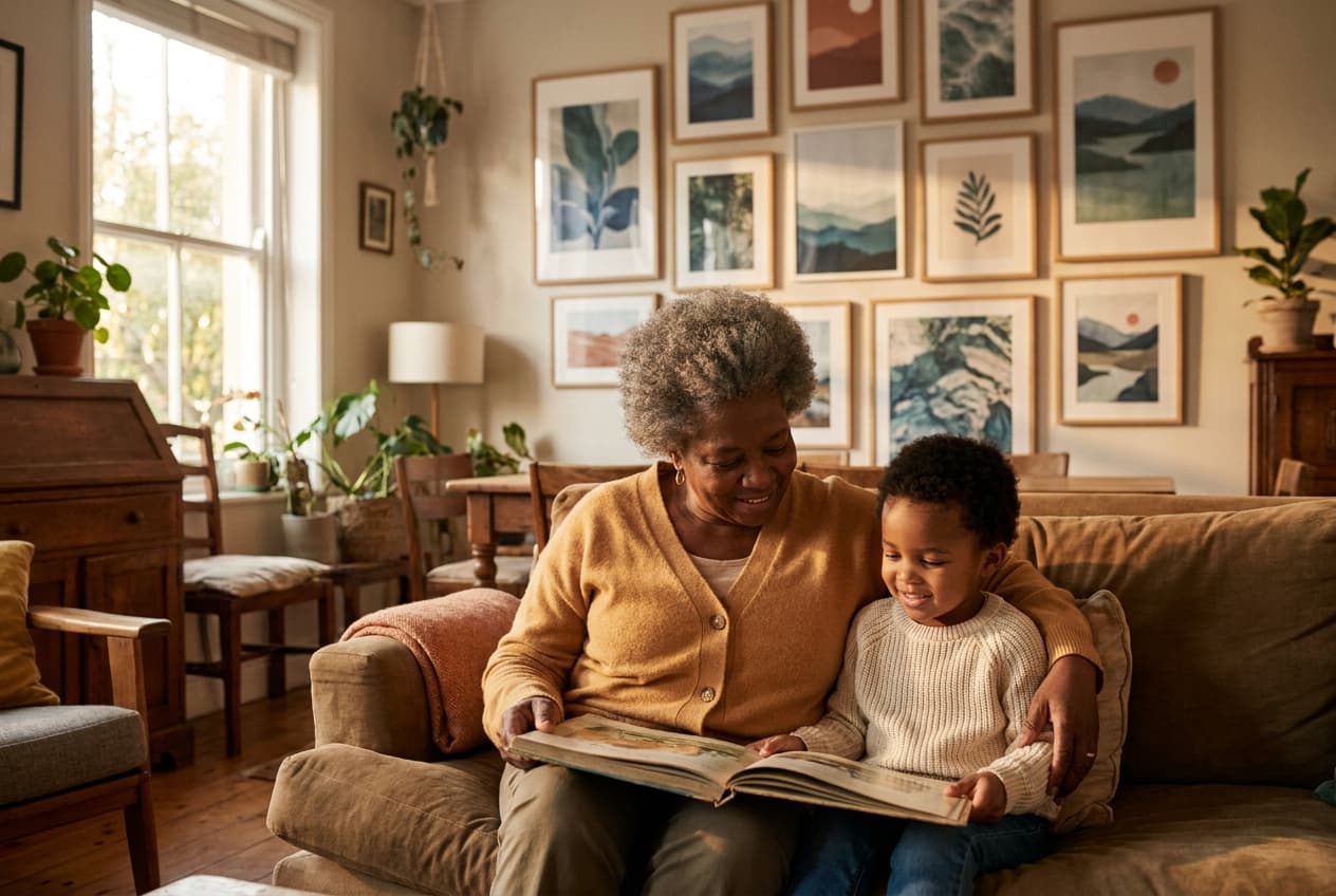 A grandmother and grandchild on a sofa beside a gallery wall of framed prints in soft daylight