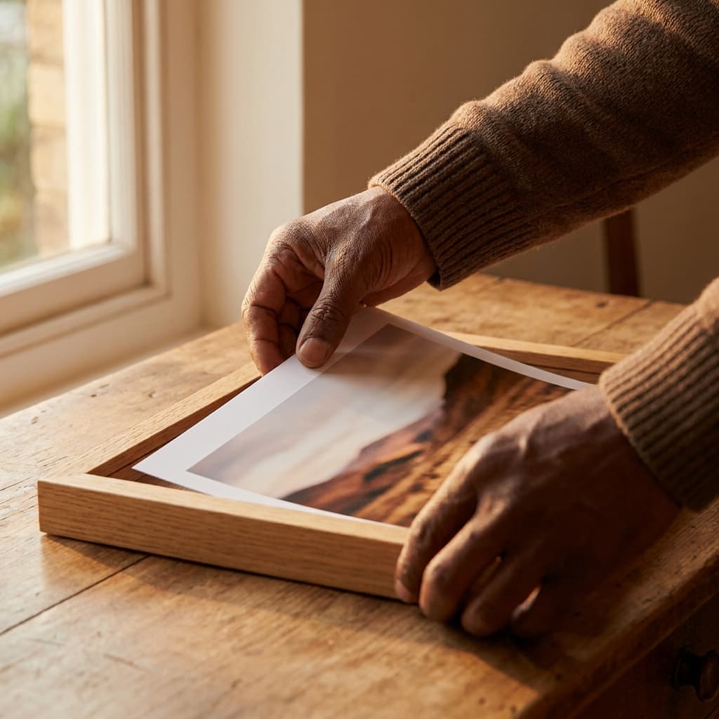 Hands sliding a printed photograph into a wooden frame