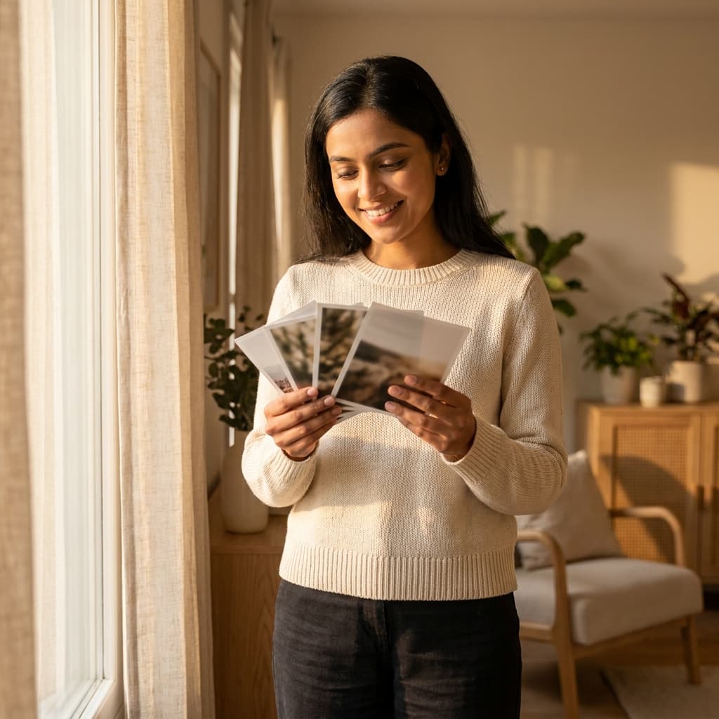 A woman by a window smiling at a small stack of printed photos