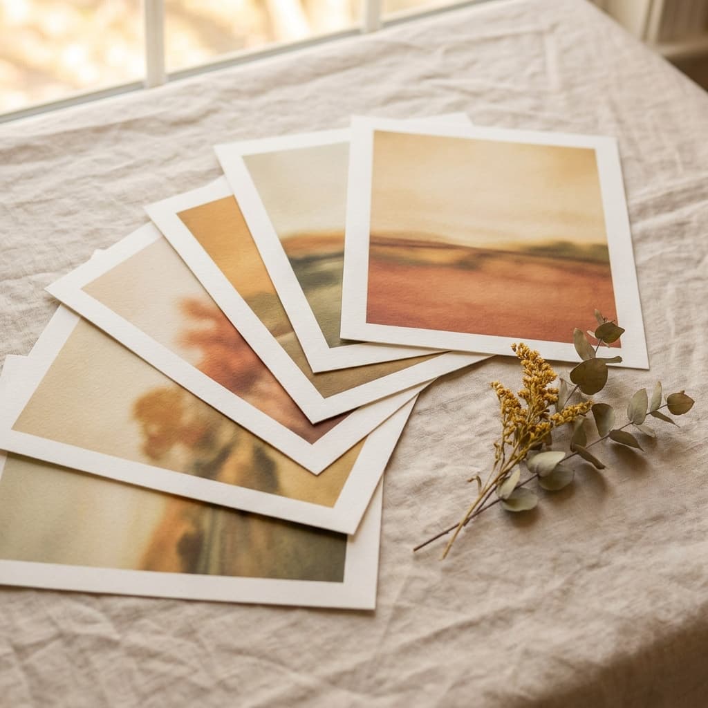 A flat lay of printed photographs fanned across linen