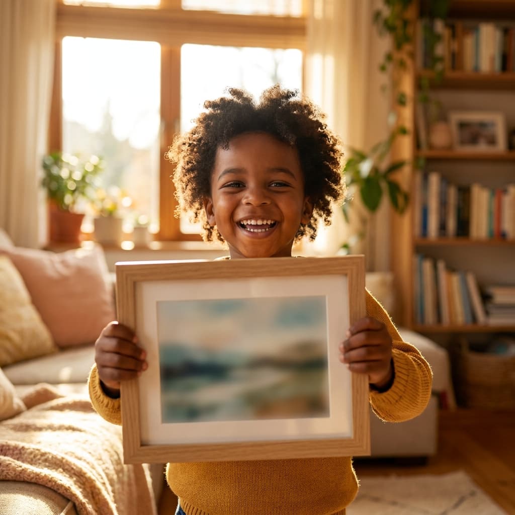 A child holding up a framed photograph, laughing