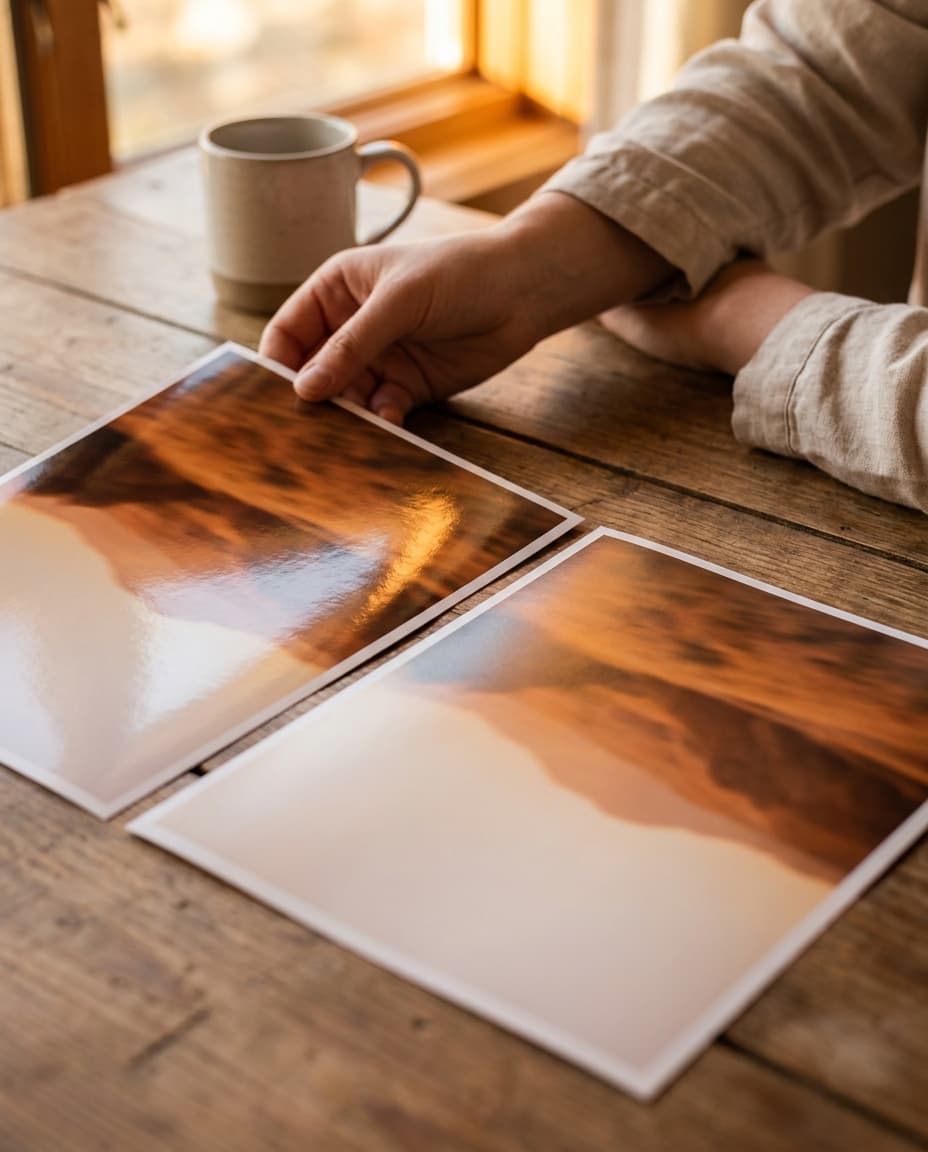 Two prints of the same landscape side by side, one glossy and one lustre, showing the difference in finish