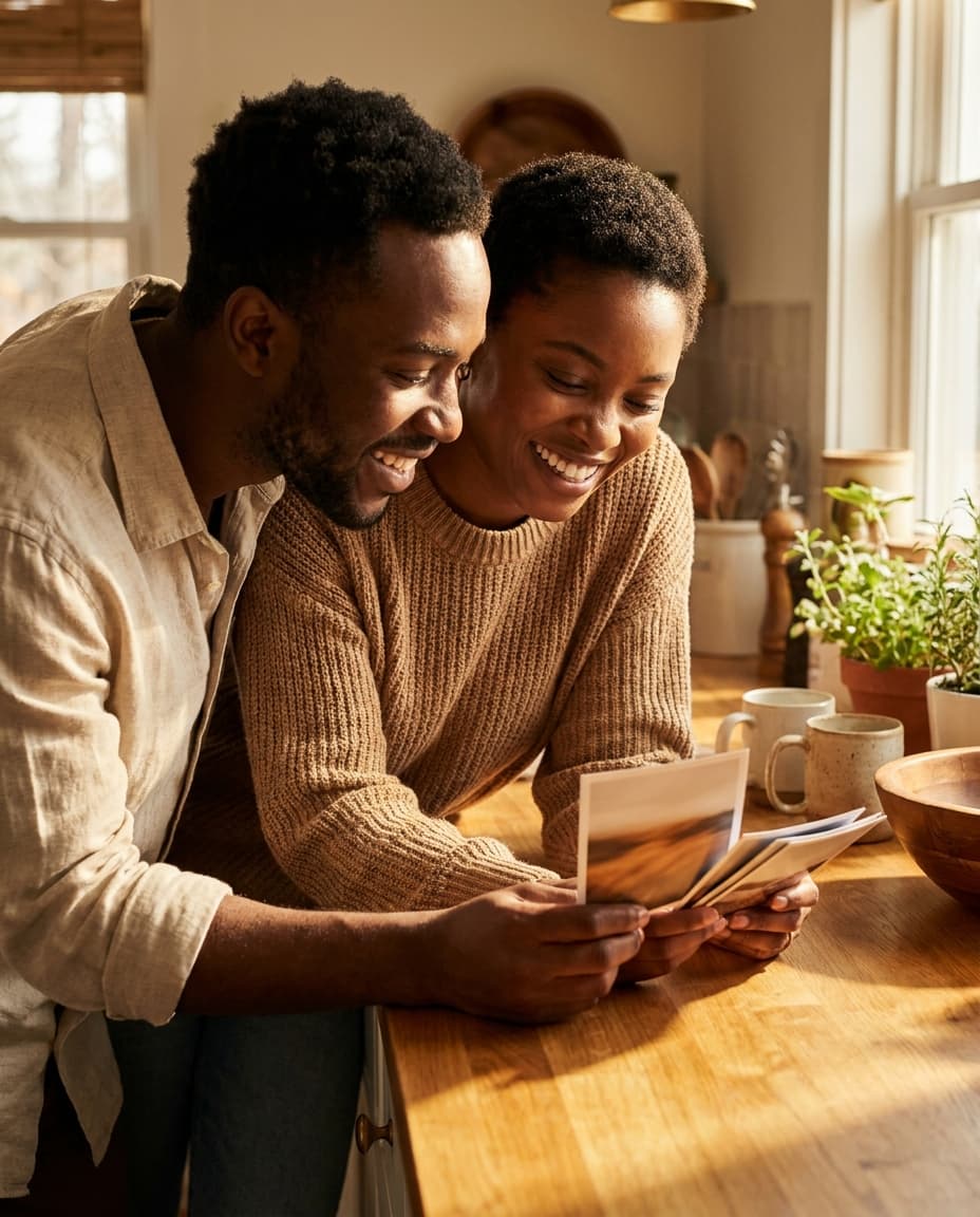 A young couple at a sunlit kitchen counter looking through a stack of freshly printed 4 by 6 photographs