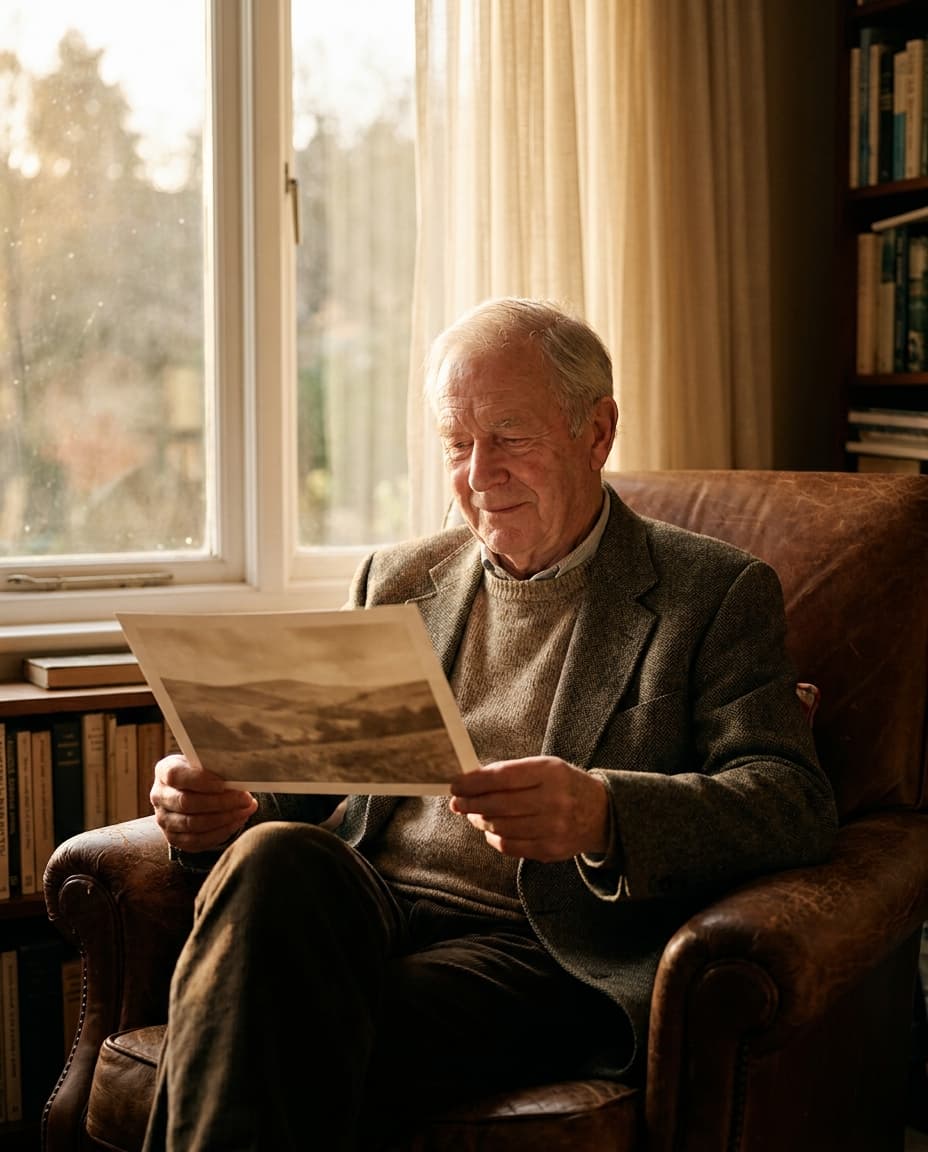 An older man in an armchair by a window holding a single 5 by 7 print, lost in a memory