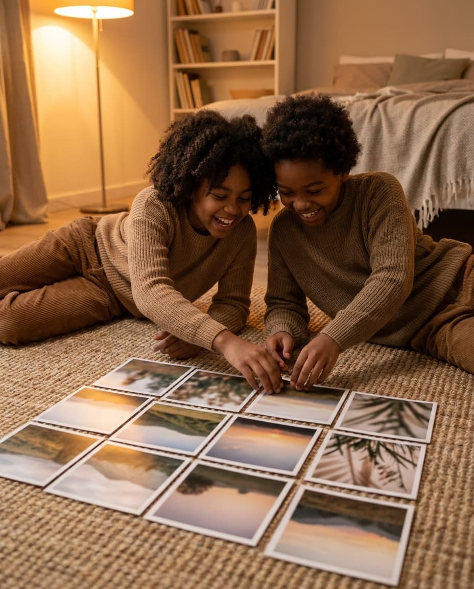 Two children lying on a bedroom floor arranging square 6 by 6 prints into a grid
