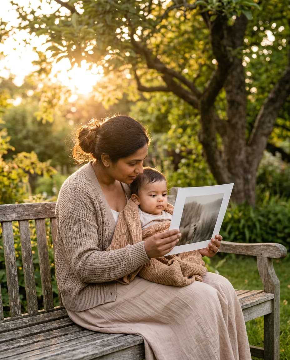 A mother in a sunlit garden holding up an 8 by 10 print for her baby to see