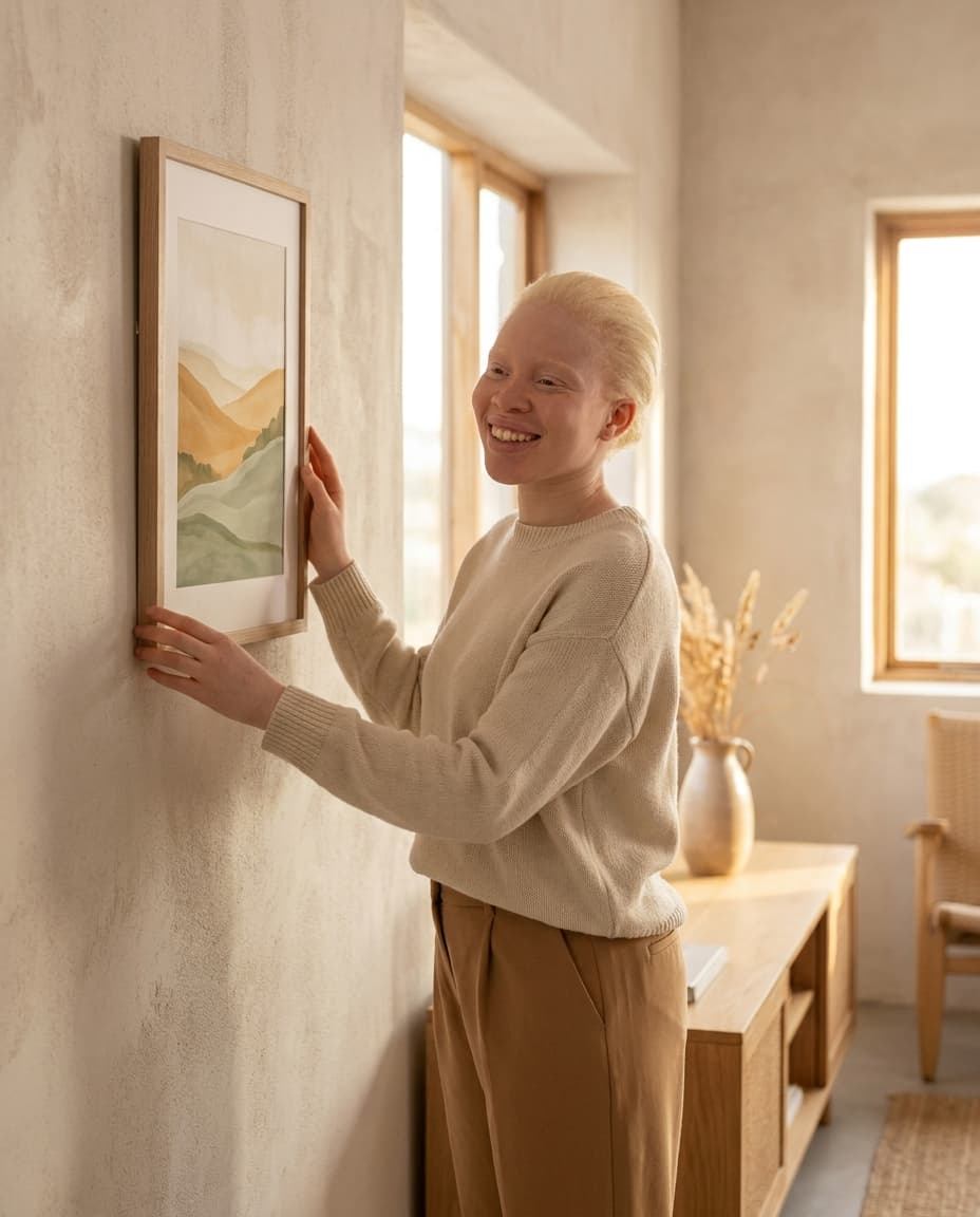 Two friends admiring a framed 11 by 14 print hanging on a bright minimal wall