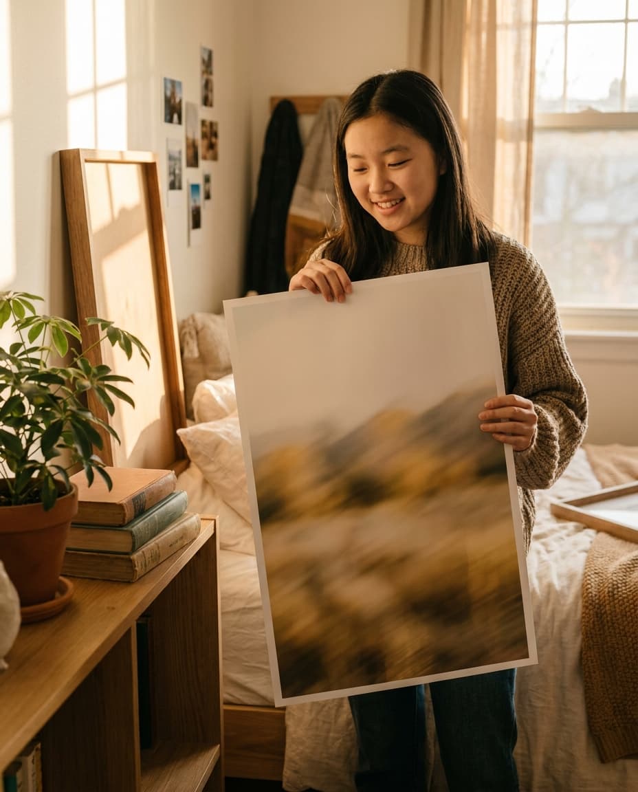 A teenager in a sunlit bedroom proudly holding up a 12 by 18 poster print to hang