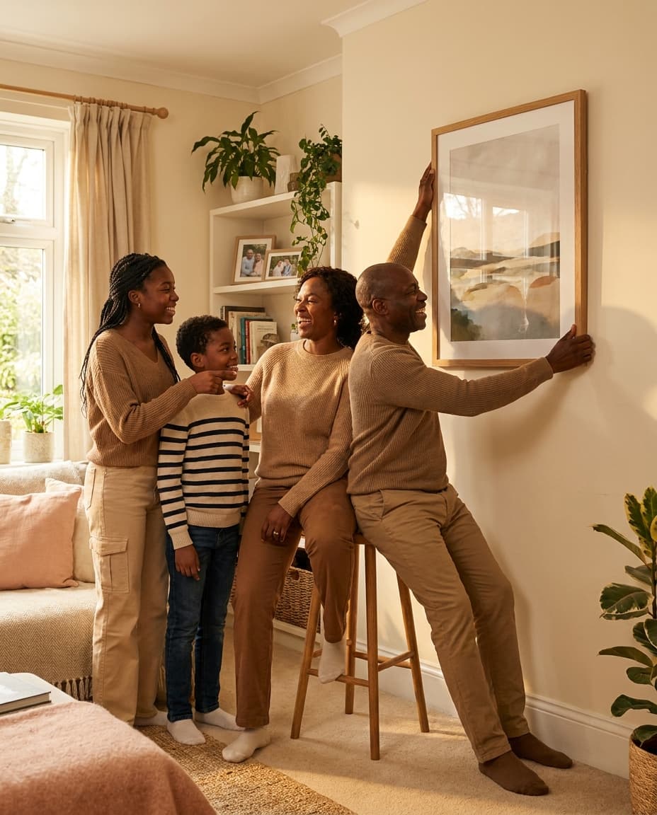 A family hanging a large 16 by 20 framed print together in a warm living room