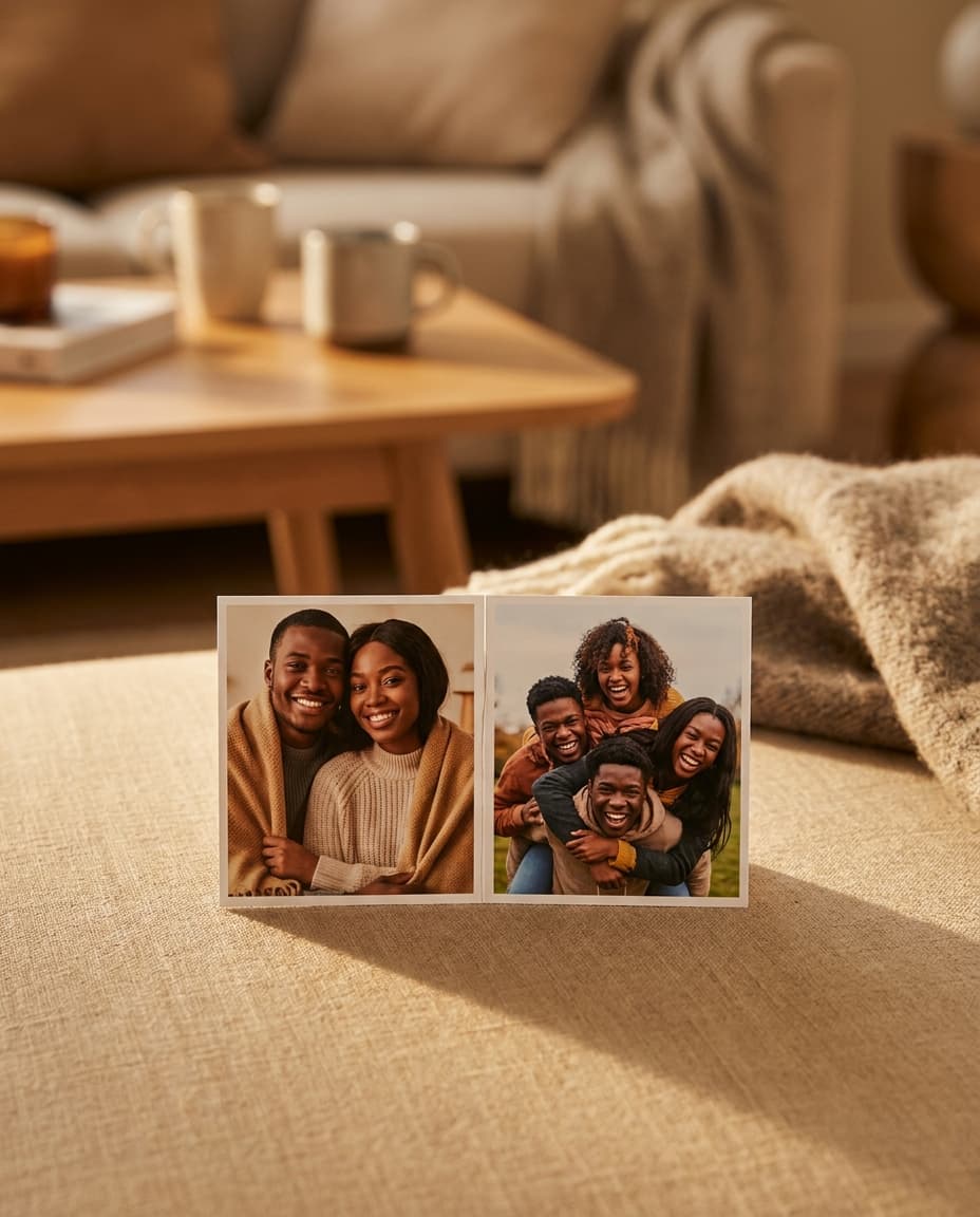 Two small mini prints standing side by side on a warm surface, one of a young couple and one of laughing friends