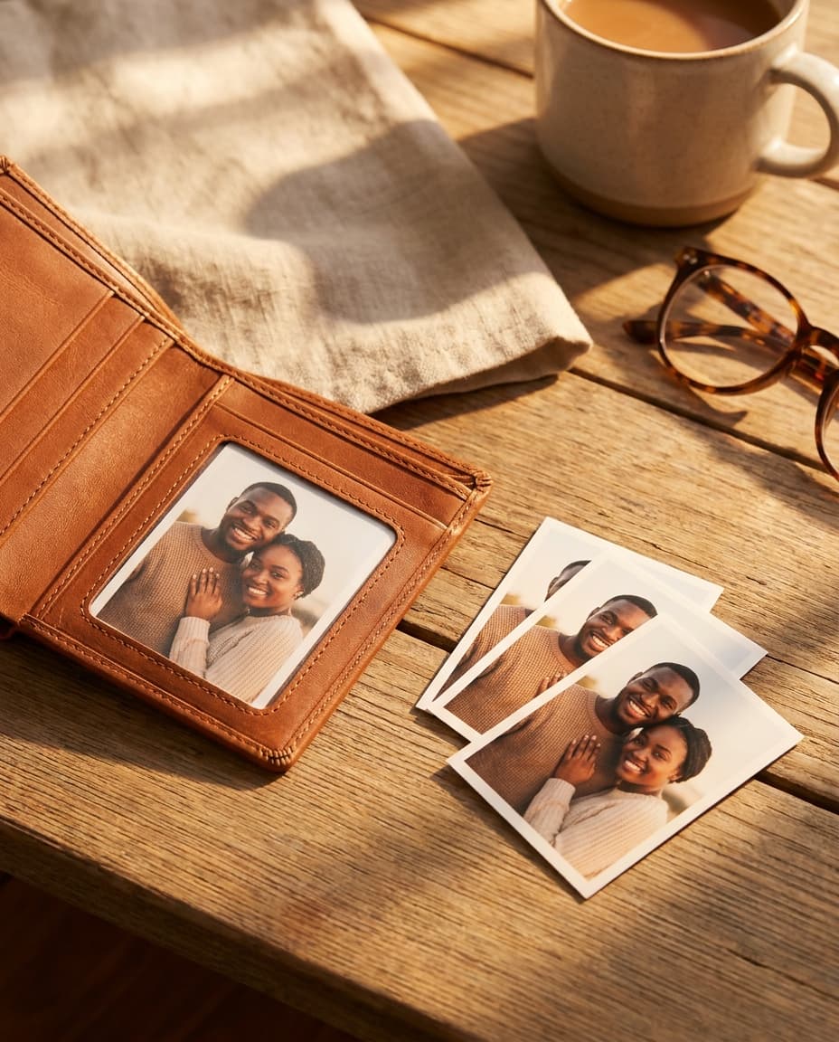 A brown leather wallet open on a sunlit table with a small keepsake print of a couple in its photo window and matching wallet prints beside it
