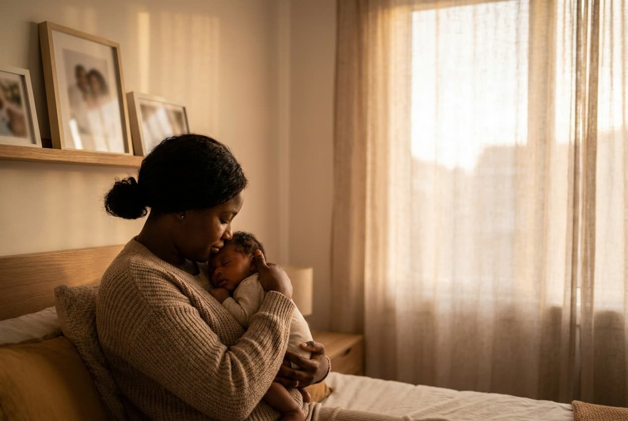 A mother cradling her sleeping newborn in a warm, softly lit bedroom