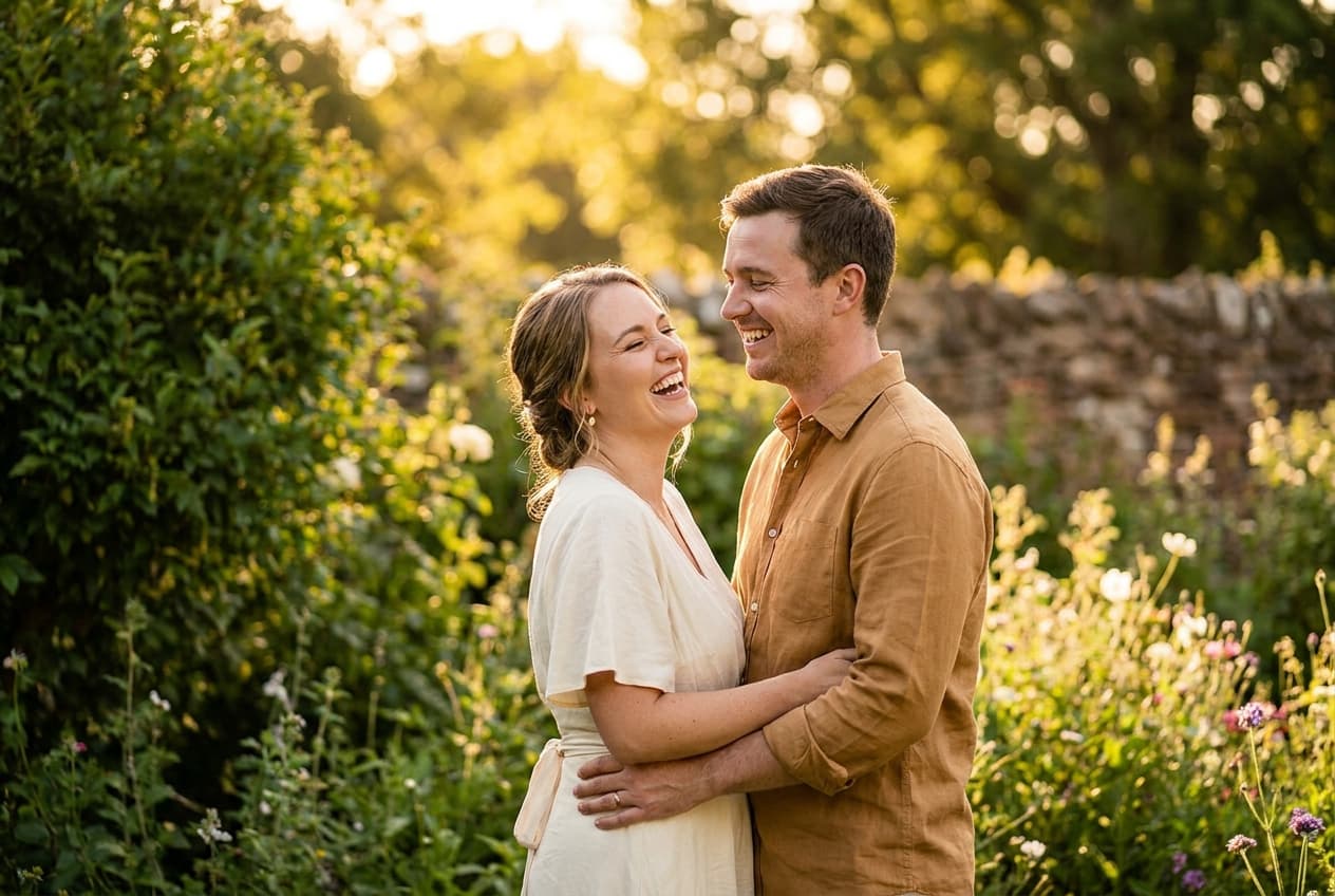 A laughing bride and groom embracing in a garden at golden hour